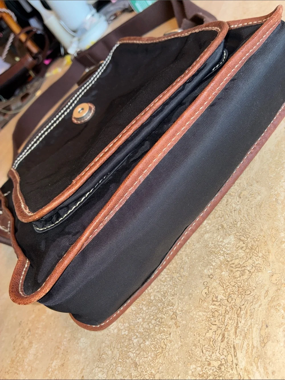 Fossil Black Nylon Messenger Bag with Brown Leather Trim euc